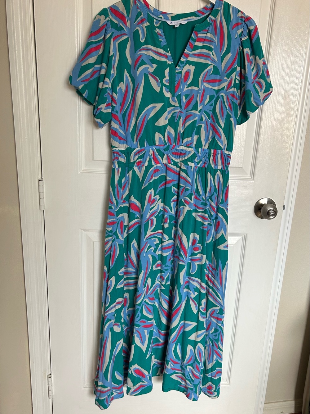 Southern Tide Teal Midi Dress with Pink, Blue & Cream Print